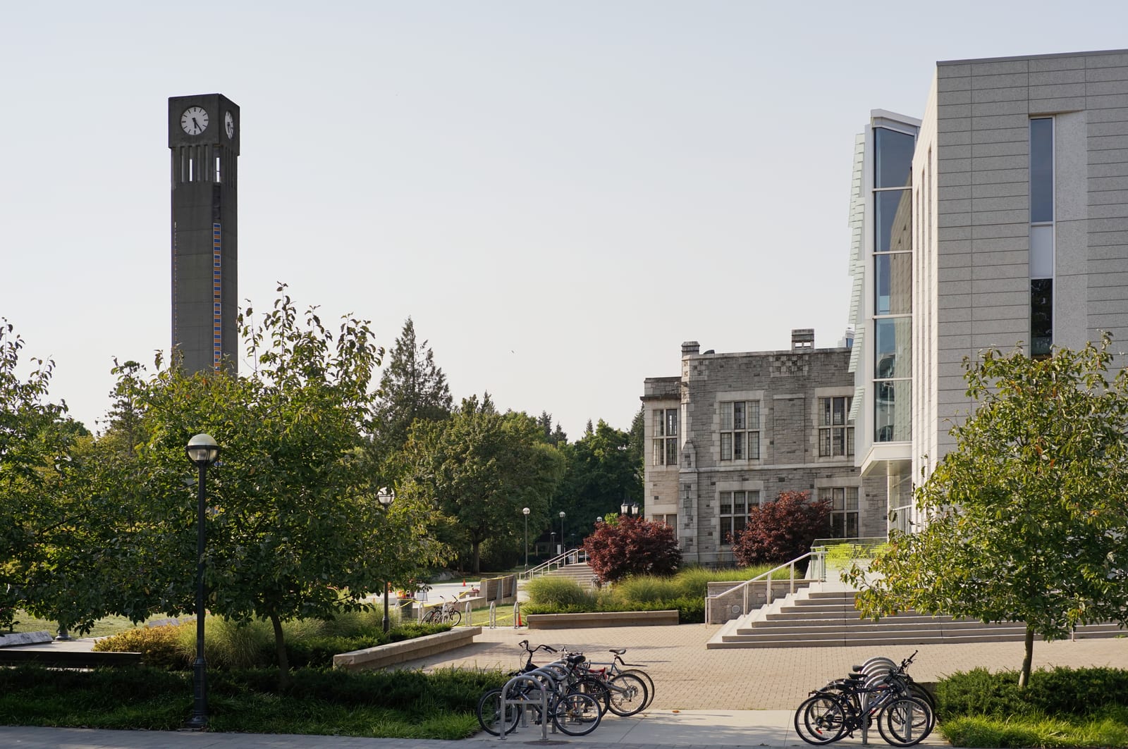 The clock tower and the Irving K. Barber Learning Centre at the University of British Columbia in Vancouver, BC, as seen from the main entrance of the Hennings Building.